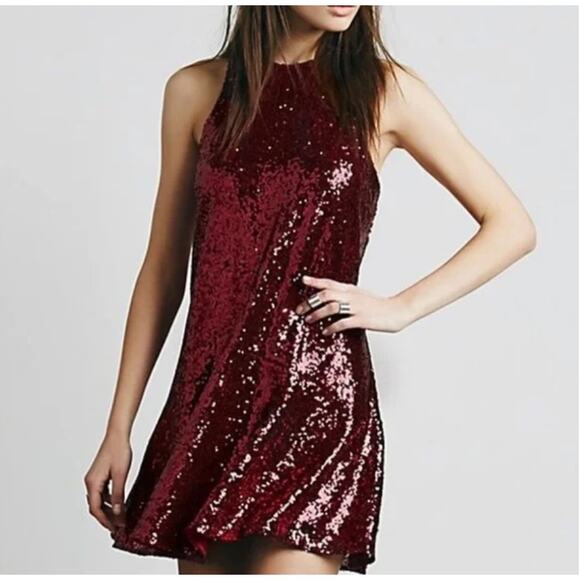 FREE PEOPLE Liquid Shine Sequin Sleeveless Swing Mini Dress Ruby Red Small NEW - Picture 1 of 13